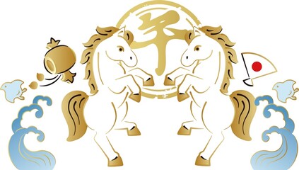 年賀2026　金色の跳ね馬と「午」の筆文字、対になった干支飾り　正月　日本　手描き　デザイン　