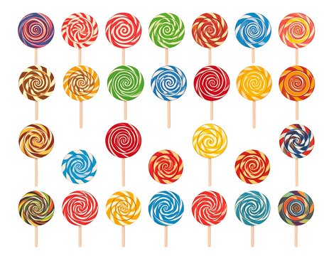 Assorted colorful swirl lollipops arranged on white background