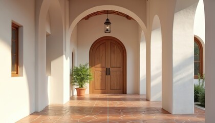 Mediterranean style entryway with arched door and terracotta tile floor. Sunlight streams through windows, illuminating white stucco walls. A potted plant adds a touch of green.