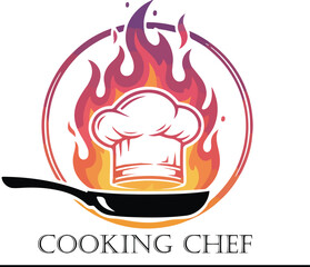 Cooking chef logo with hat flames frying pan and circular design for kitchen branding and culinary identity