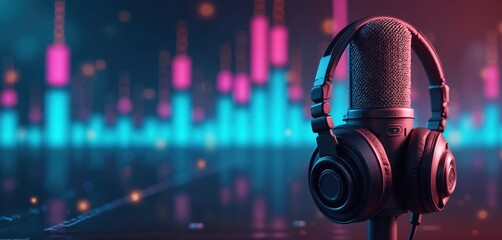 Close up audio recording equipment. Studio microphone and headphones on sound wave equalizer graphic. Podcast broadcast setup with digital interface glowing neon lights.