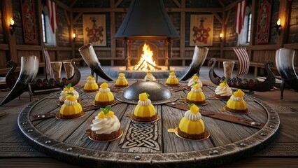 Miniature mango desserts arranged on a large wooden viking shield centerpiece with horns and a fireplace in a rustic hall setting
