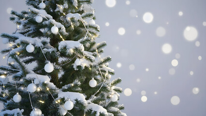 Snow Covered Christmas Tree with White Ornaments and Twinkling Lights Falling Snow