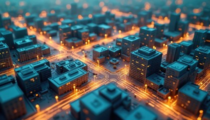 Obraz premium Miniature city with glowing roads shows smart urban planning, infrastructure. Buildings, streets illuminated at night, highlighting connected network. Future city development, tech innovations.