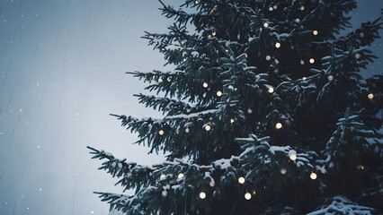 Snow Covered Christmas Tree with Twinkling Lights in Winter Snowfall
