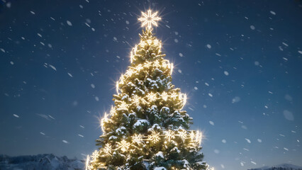 Illuminated Christmas Tree with Star Topper and Snowfall at Night