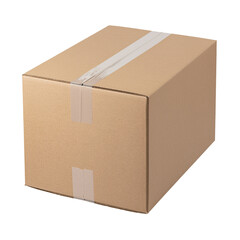 Isolated brown corrugated cardboard box with clear packing tape for shipping and storage