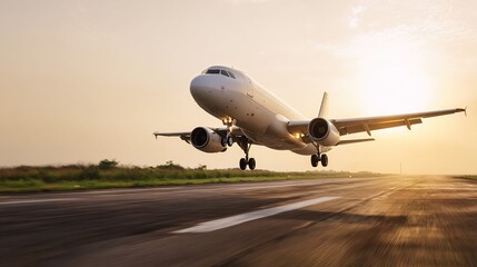 Obraz premium aerodynamics. Commercial airplane taking off with motion blur and golden sunset lighting. inspiring travel planning, mobility guides, designed for mobility and urban transit guides.