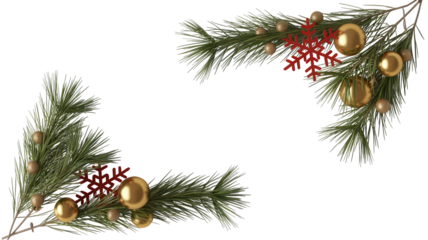Christmas corner decoration with pine branches, gold ornaments, and red snowflake accents isolated on transparent background