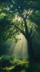Naklejka premium Sunlight shines through trees in a misty green forest