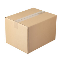 Isolated brown corrugated cardboard box with clear packing tape for shipping and storage