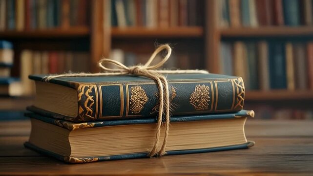 Video of vintage bound books tied with string on a library shelf.