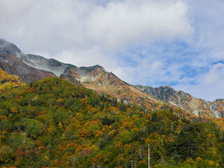 Obraz premium 秋の観光名所立山黒部アルペンルートの山脈の紅葉の風景