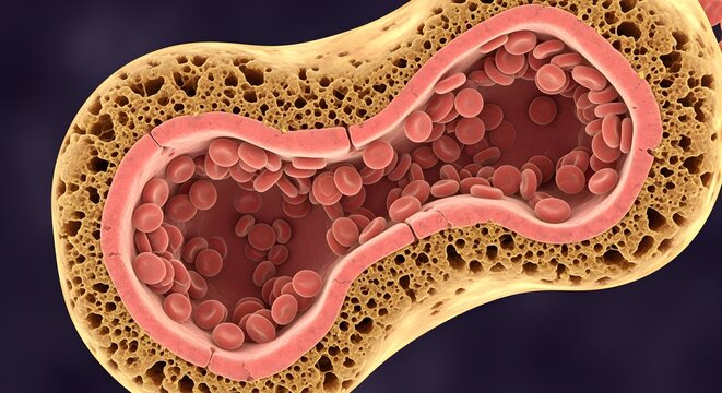 Cross section of a bone showing trabecular bone and red blood cells in the marrow.