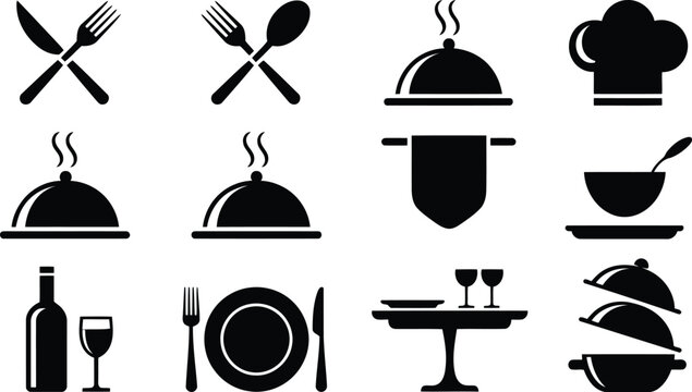 A comprehensive set of restaurant and dining related black silhouette icons presented on a clean white background