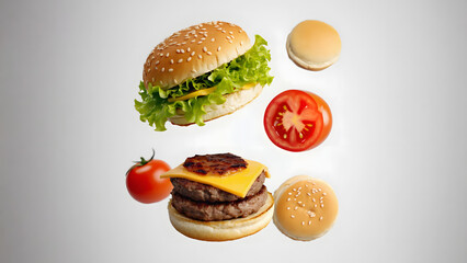 Deconstructed Cheeseburger Ingredients Floating Against White Background