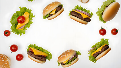 Delicious Cheeseburgers and Fresh Tomatoes Arranged in a Circle on White Background