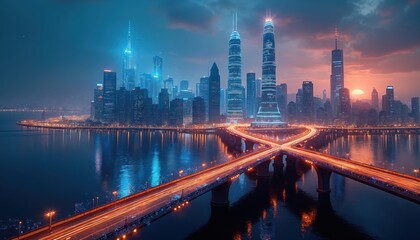 Fototapeta premium Modern city skyline at dusk with glowing neon lights and reflection on water. Multiple bridges with light trails cross a river before a dense urban landscape with skyscrapers.