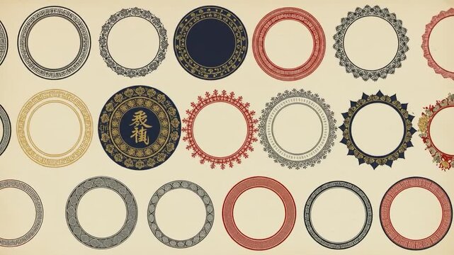 Decorative circular frames display traditional Asian patterns on cream background