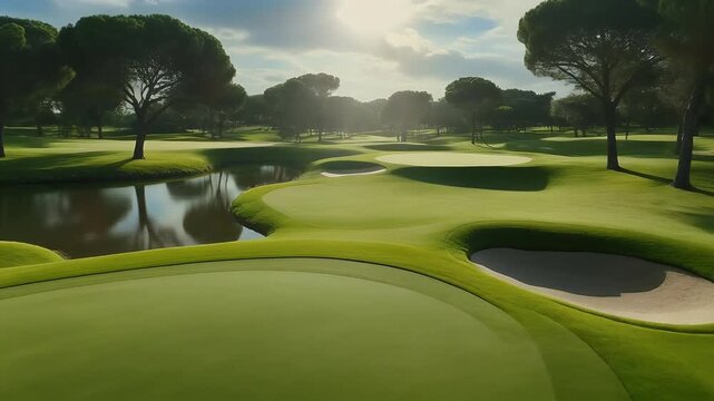 Beautiful golf course with green grass and water features.