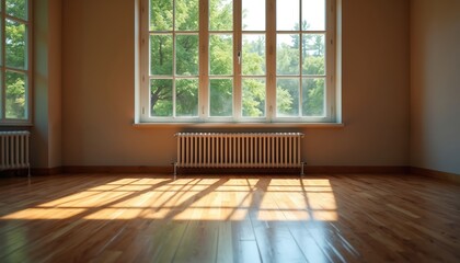 Fototapeta premium Interior scene with natural light streaming through large windows onto polished wooden floor. Vintage radiator sits below window, creating cozy atmosphere. Empty space invites imagination for design.