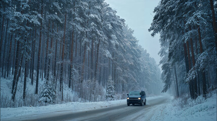 Car driving through snowy pine forest in winter