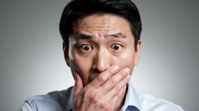 Stunning Asian Man Displays Shock and Amazement in Studio Shot, Multi-frame