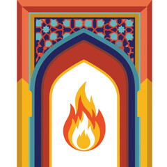 Ornate archway design with islamic mosaic pattern and flame, symbolizing cultural heritage.