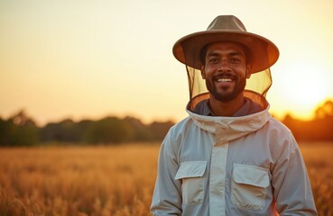 Smiling beekeeper in protective gear stands in a golden field at sunset. Man works with bees, cares for hive, produces organic honey. Agriculture profession, rural life.