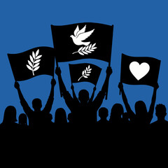 Crowd of people silhouette holding flags with peace symbols on a blue background.