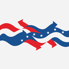 Wavy red, white, and blue ribbons with arrows and stars on a white background. Vector.