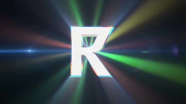 Animated logo reveal featuring letter R with colorful light beams.