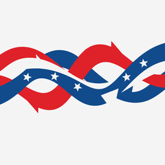 Wavy ribbons with stars in patriotic colors of red, white, and blue for decoration.