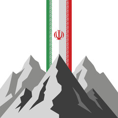 Iran flag over mountain peaks, national symbol of iran in vector format design.