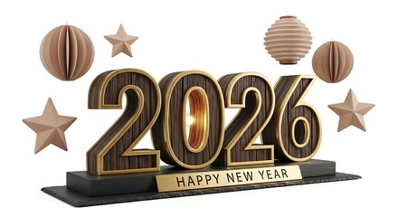 Elegant 3D Rendered Happy New Year 2026 Celebration with Wood and Gold Accents