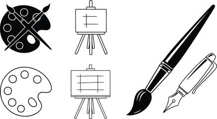 Art supplies vector illustration of brushes easel palette and pen set eps silhouette