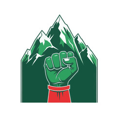 Green fist in the air with mountain peaks covered in snow. Symbol of strength and power.