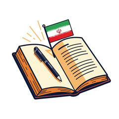 Open book with iran flag and pen. Symbol of education, culture and literature.