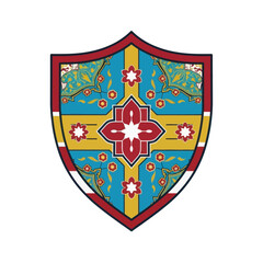 Decorative shield with floral pattern and red, yellow, and blue color scheme. Vector.