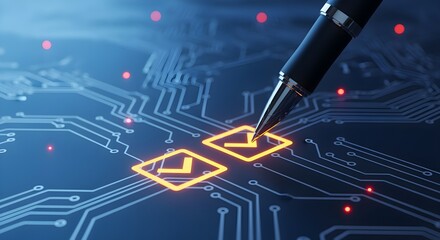 Digital Checkmarks on Futuristic Circuit Board Technology Concept.