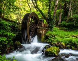 Wooden water wheel nestled in lush green forest near flowing river