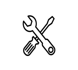 Black metal wrench and screwdriver set on white for repair tool icon