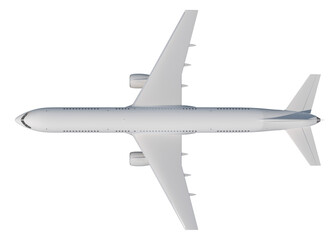 Overhead view of a modern passenger jet against a clean white background
