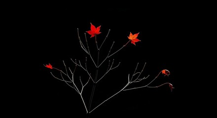 Vibrant Red Maple Leaves Adorning Delicate Bare Branches Against a Stark Black Background