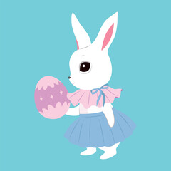 Cute white Easter bunnies, color clothes, cutie bows, pattern eggs. Spring collection. Sticker design. Set of easter eggs, pretty rabbits. Happy Easter. Greeting cards, birthday decoration, poster art
