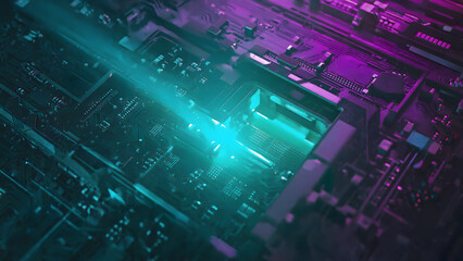 Circuit Board with Glowing Blue Light Beam and Purple Neon Accents