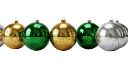 panoramic line of reflective emerald, gold, and silver christmas balls with geometric snowflake patterns, sharp focus on a transparent studio background with copy space. concept of sophisticated