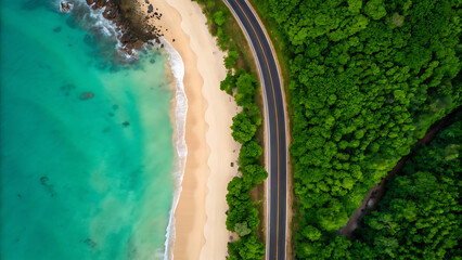 Aerial view of a coastal road winding alongside a turquoise ocean and lush green forest