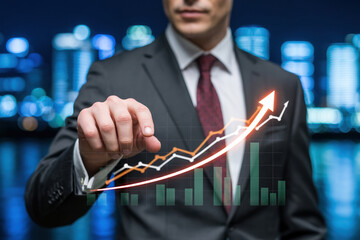 Business growth concept businessman pointing at financial chart showing increasing trend in stock market profit