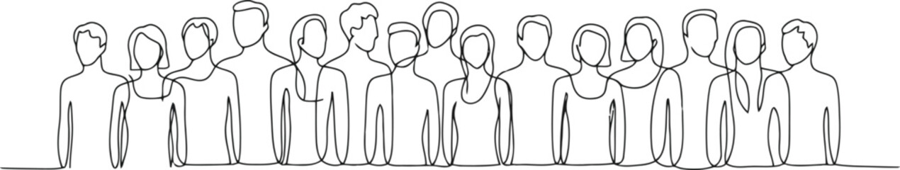 An unbroken single line visually represents a large gathering of human figures portraying solidarity and teamwork